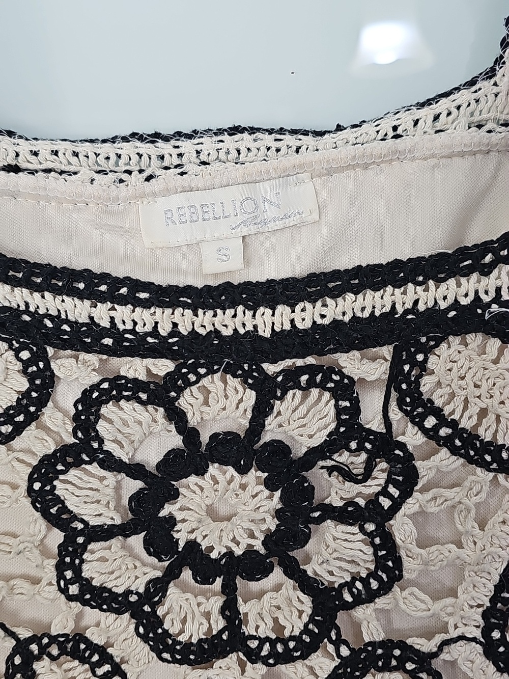 Rebellion Set Cream Crochet Crop Top And Short Pants Black Floral Trim. Size S - Picture 12 of 13